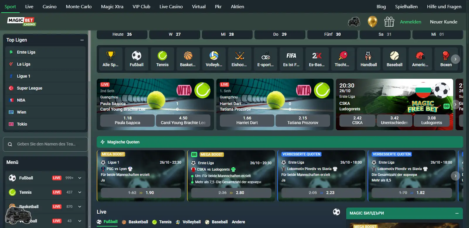 Sportwetten-Oberfläche mit Sportarten und Wettmärkten